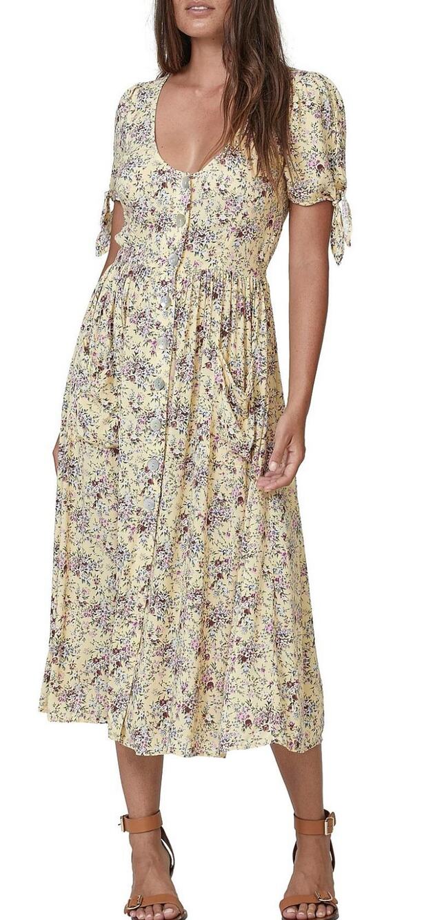 Auguste the Label Midi Dress Lola Yellow Floral Button Front Short Sleeve